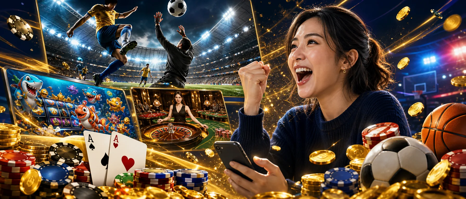 Every game category you're looking for, all in one place. Slots, live casino, fishing games, sports betting… – sportsbook stadium illustration